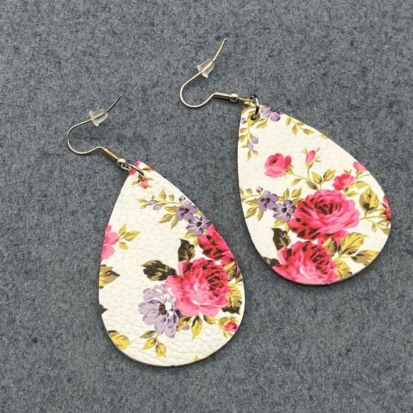 Dangle Pierced Earrings Teardrop Vinyl Floral Pink Purple Green White Soft Girl - Picture 2 of 4